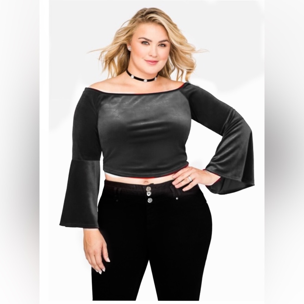 NWOT Ashley Stewart black velvet crop top 3X off shoulder bell sleeves
